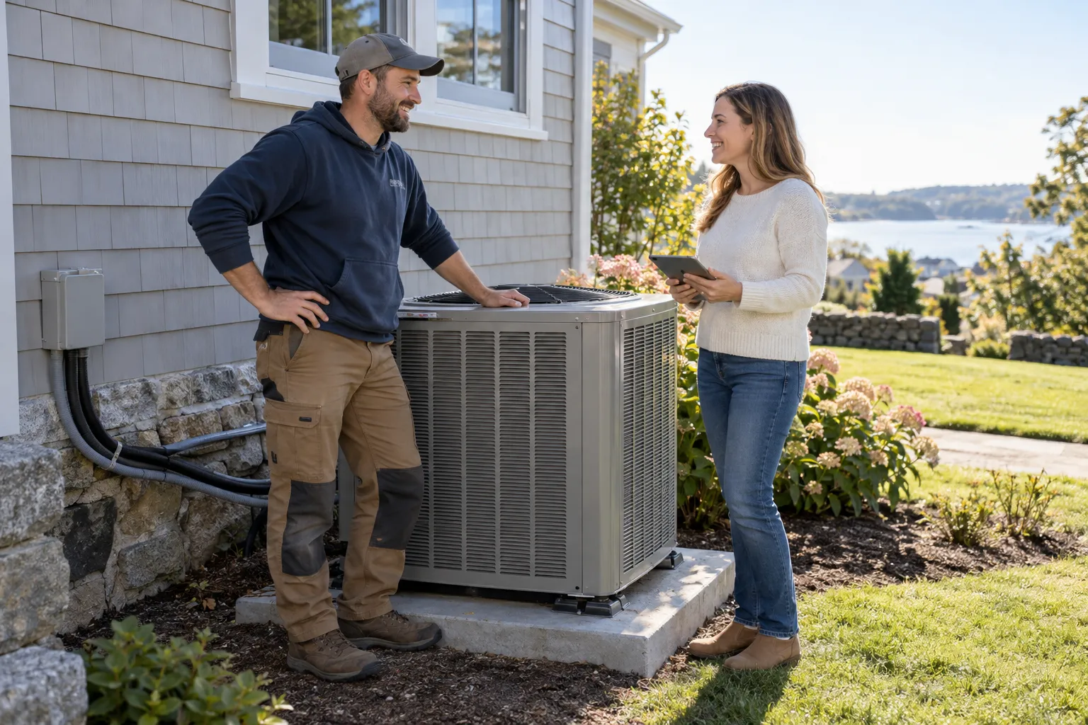A friendly provider showing a homeowner a new outdoor AC unit beside a house in Camden