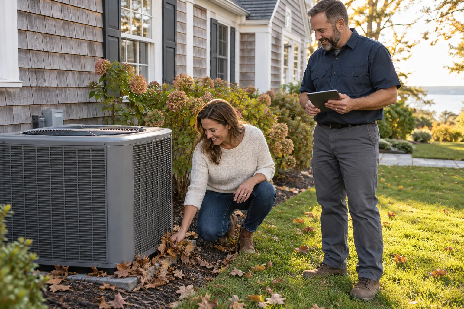 Friendly homeowner checking the outdoor AC unit beside a house in the Camden area
