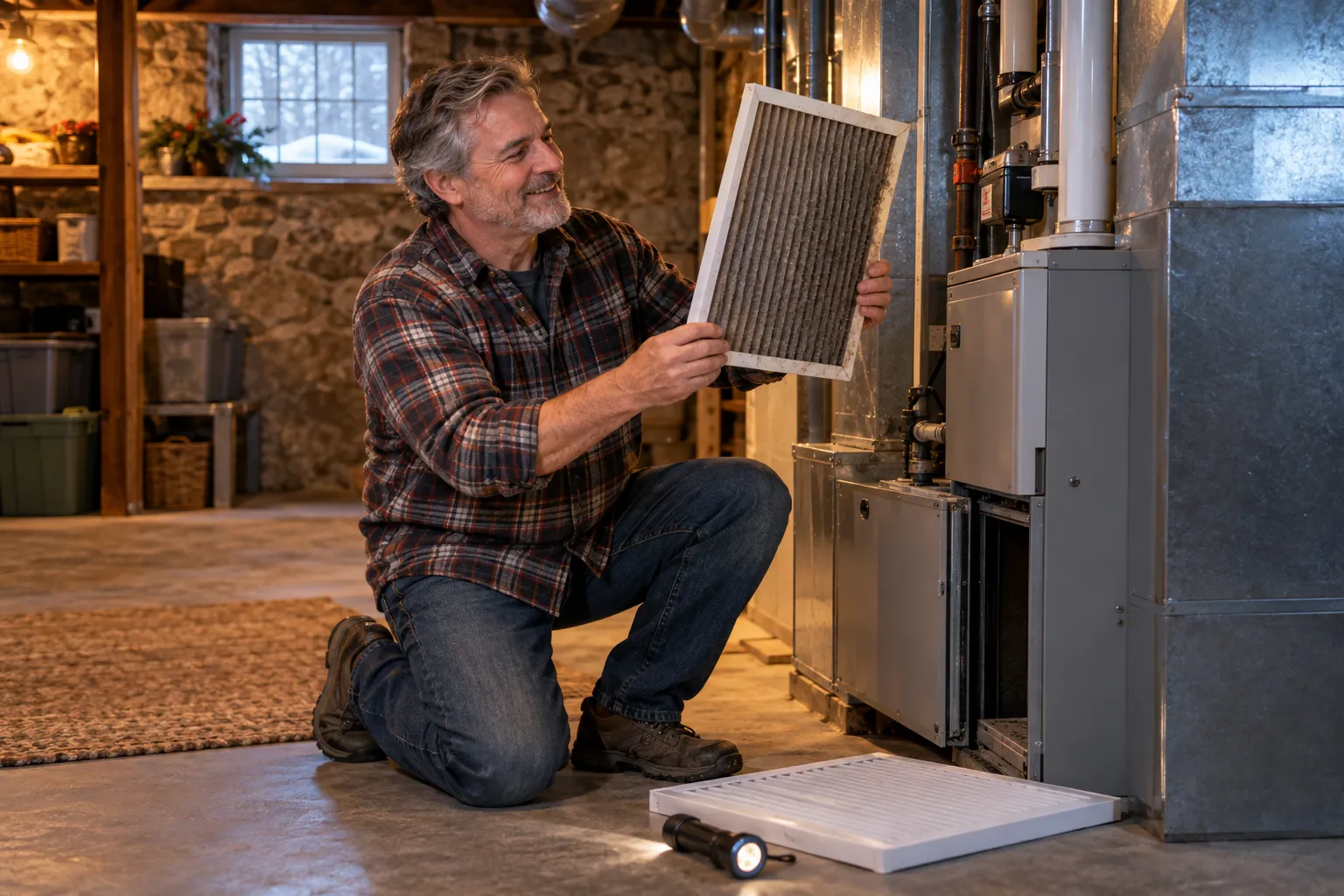 A friendly homeowner checking the filter on a basement furnace in a home in Camden